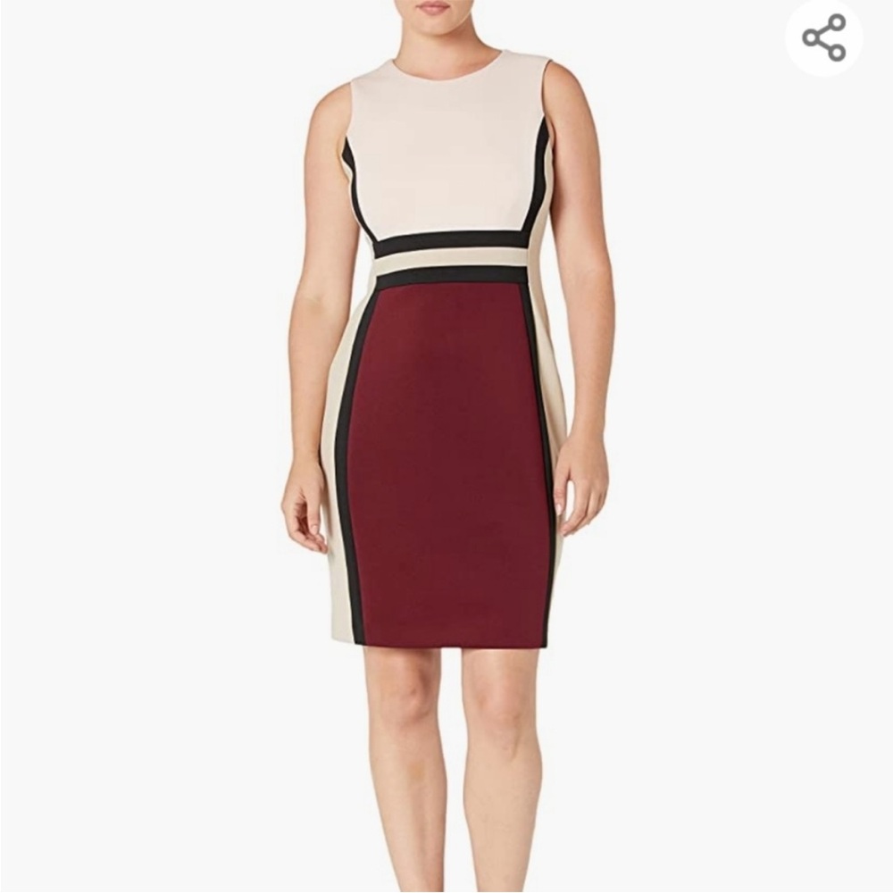 Calvin Klein Colorblock Sheath Dress in Burgundy, Cream & Black